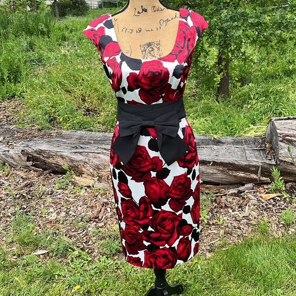 Red Rose Floral Dress with Optional Belt;4 - Picture 6 of 9